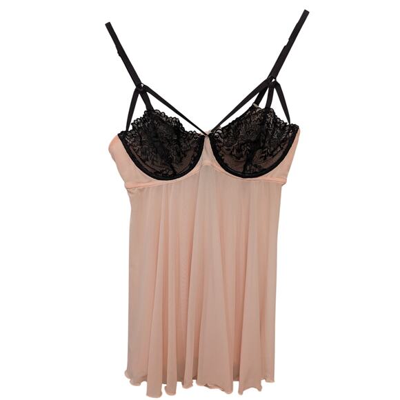 Maiden Form Babydoll Teddy Lingerie Top Plush Pink Black Lace Sheer Underwired - Picture 1 of 4